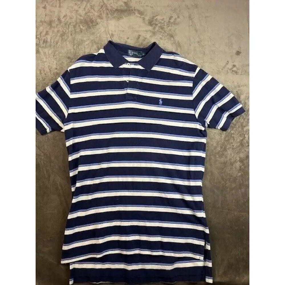 Vintage‎ Polo Ralph Lauren Mens Large Polo Shirt Blue Striped Blue Pony Logo